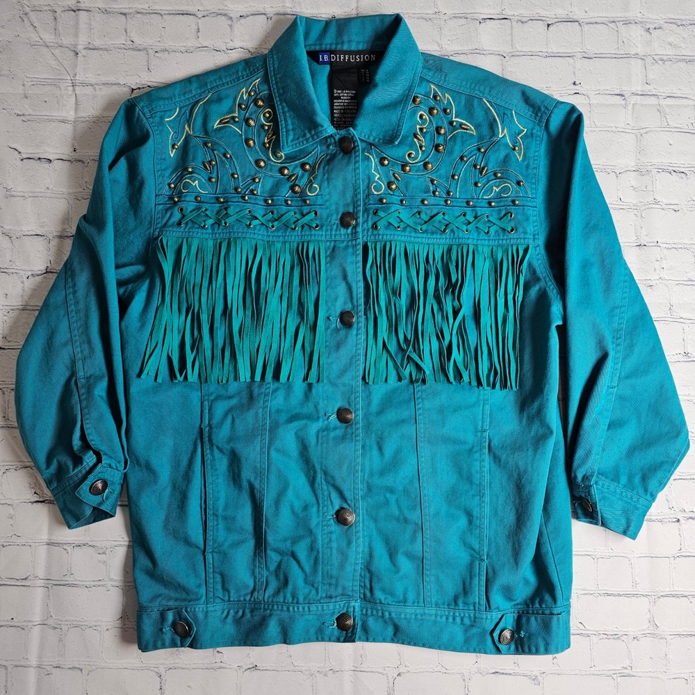 Vintage IB Diffusion Teal Denim Fringe Western Jacket Studded Embroidered 10